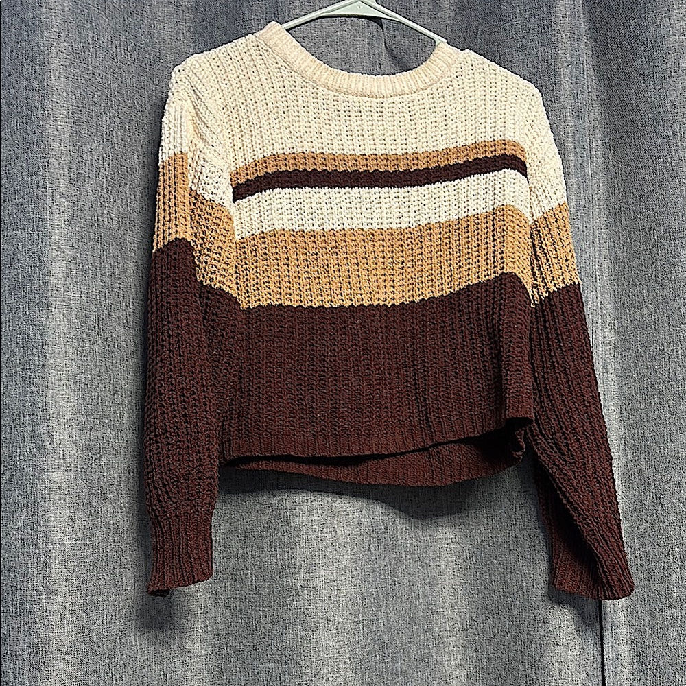Cream and Tan Crew Neck Sweater with Horizontal Stripes